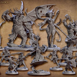 May include: A set of 3D printed miniatures for tabletop gaming. The set includes a demon king, a demon queen, and a variety of other demons. The miniatures are made of a gray plastic and are unpainted. The set is called "The Demon King's Spawn" and is from Artisan Guild.