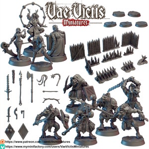 May include: A set of 3D printed miniature figures for tabletop gaming. The set includes a variety of characters, including a wizard, a warrior, and a goblin. The figures are painted in a variety of colors and are ready to be used in your next game.