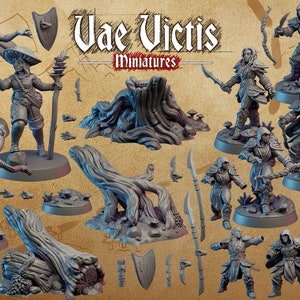May include: A set of 10 grey plastic miniature figures of elves and a tree stump. The figures are posed in various action poses, holding bows, arrows, and other weapons. The figures are all wearing hooded cloaks and have pointed ears. The tree stump is a detailed miniature with roots and branches. The text "Vae Victis Miniatures" is printed on the background.