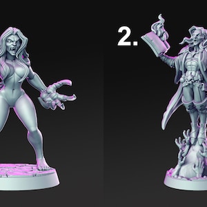 May include: Two gray painted miniature figurines. The first is a female figure with claws and a fierce expression. The second is a female figure with a book and a staff, standing on a base of hands.