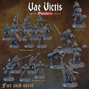 May include: A set of 3D printed miniature figures, painted in a grey color, depicting a group of warriors with swords, axes, and shields. The figures are standing on round bases and are arranged in a modular set. The text "Vae Victis Miniatures" is displayed at the top of the image. The text "Modular Set" is displayed below the figures. The text "Fur and Steel" is displayed at the bottom of the image.