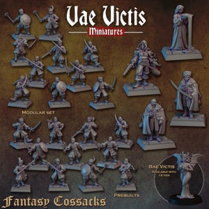 May include: A selection of grey miniature figurines, including fantasy Cossacks, in various poses and with different weapons. The figurines are on square bases. The text "Vae Victis Miniatures" and "Fantasy Cossacks" are displayed.