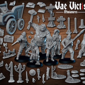 May include: A collection of 3D printed miniatures for tabletop role-playing games, including a carriage, figures, trees, and fences. The miniatures are made of grey plastic and are ready to be painted. The miniatures are from the company "Vae Victis Miniatures".