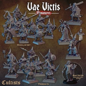 May include: A set of 3D printed miniatures depicting hooded cultists with various weapons and poses. The miniatures are gray and are arranged in two rows, labeled "Modular Set" and "Prebuilts". The image also includes the text "Vae Victis Miniatures" and "Cultists".