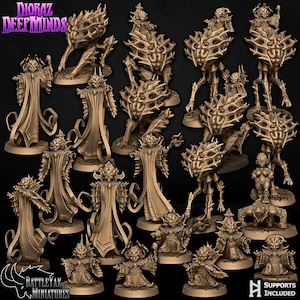 Peut inclure: Un ensemble de 17 figurines miniatures détaillées, imprimées en gris clair, représentant diverses créatures et personnages. Les figurines sont posées dans des postures dynamiques et présentent des détails complexes, notamment des vêtements, des armes et des expressions faciales. Les miniatures sont conçues pour les jeux de table ou l'exposition.