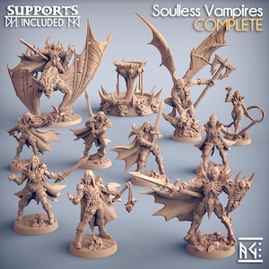 May include: A set of 10 miniature figures depicting a group of soulless vampires. The figures are made of a light brown plastic and are posed in various action poses. The figures are all wearing dark clothing and have sharp teeth and claws. The set includes a vampire lord riding a bat, a vampire with a sword, a vampire with a crossbow, a vampire with a whip, a vampire with a staff, a vampire with a dagger, a vampire with a shield, a vampire with a mace, a vampire with a spear, and a vampire with a bow and arrow. The set also includes a small altar with a skull on top. The figures are all standing on a black base.