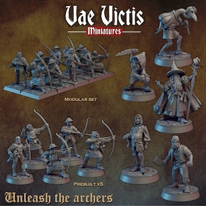 May include: A set of grey plastic miniature figures of archers and wizards. The figures are posed in various action poses, holding bows, arrows, and staffs. The figures are part of a modular set and are also available prebuilt. The text "Vae Victis Miniatures" and "Unleash the archers" is printed on the image.