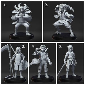 May include: A set of five unpainted gray resin miniature figurines depicting various anime characters in dynamic poses. Each figure stands on a circular black base, showcasing detailed clothing, accessories, and weapons including a scythe and scrolls.