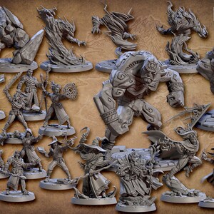 Könnte beinhalten: Eine Sammlung von grau bemalten Miniaturfiguren, darunter eine Hexe, ein Golem und mehrere menschliche Figuren. Die Miniaturen sind auf einem braunen Hintergrund mit dem Text "Artisan: Guild" in Weiß angeordnet.