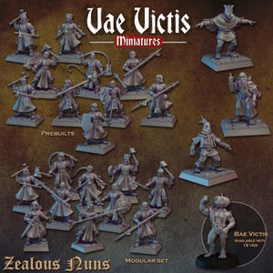 May include: A collection of miniature figurines, including knights and fantasy characters, in various poses. The figurines are gray and mounted on square bases. Text on the image reads "Vae Victis Miniatures", "Zealous Nuns", and "Modular Set".