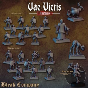 Puede incluir: Una colección de figuras en miniatura, incluyendo soldados con escudos y espadas, una figura con túnica y otros personajes de fantasía. El texto "Vae Victis Miniatures" y "Bleak Company" son visibles.