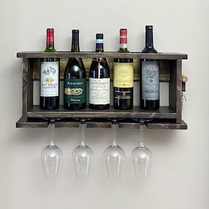 Wine bottle and wine glass wall mount display (+Bonus Italian Bell Corkscrew)