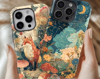 Cottagecore Fox telefoonhoesje – Sterrennacht bloemenprint voor iPhone 18 Pro Max 17 16 15 Plus Samsung S26 Ultra S25 FE S24 S23 A17 Pixel 11 10A