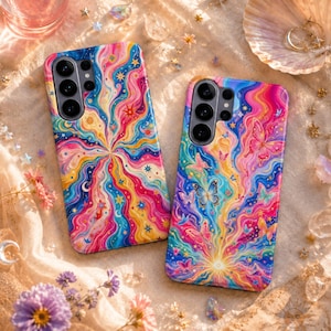 May include: Two rectangular smartphone cases featuring vibrant, swirling patterns of pink, blue, yellow, and purple. One case displays a radiating starburst design with small celestial icons, while the other showcases multiple butterflies.