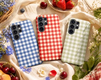Telefoonhoesje met pastelkleurige plaid – Leuke geruite Cottagecore-cover voor Samsung S26 Ultra S25 FE S24 S23 iPhone 17 Pro Max 16 15 Plus 14 13 Pixel 10