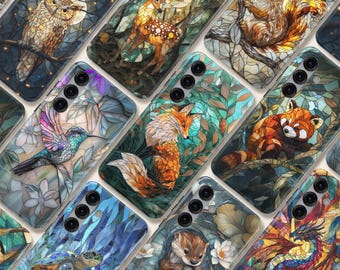 Coque de téléphone animal en vitrail - Coque artistique en mosaïque pour Samsung S26 Ultra S25 S24 FE A56 A17 iPhone 17 Pro Max 16 15 Plus 14 13 Pixel 10 9A