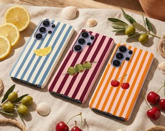 Funda para teléfono con estampado retro de frutas y rayas – Bonita funda veraniega de limón, cereza y oliva para Samsung S26 Ultra S25 FE S24 S23 iPhone 17 Pro Max 16 15 Pixel 10