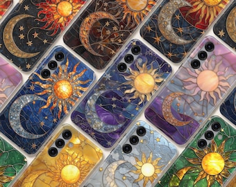 Celestial Stained Glass Phone Case – Sun Moon Art Cover for Samsung S26 Ultra S25 S24 FE S23 A17 iPhone 17 Pro Max 16 15 Plus 14 Pixel 10 9A