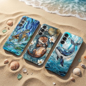 Funda de teléfono con diseño de nutria y mosaico de ballena y tortuga para Samsung S26 Ultra, S25, S24 FE, S23, A17, iPhone 17 Pro Max, 16 Plus, Pixel 10 y 9A