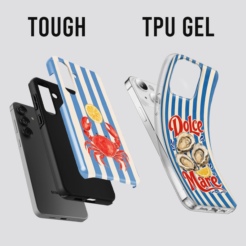 May include: Phone cases with a blue and white striped design. One case features a red crab and lemon slice, the other has the words "Dolce Mare" with oysters. The cases are labeled "Tough" and "TPU GEL".