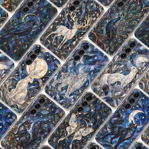 May include: A collection of rectangular smartphone cases featuring intricate, dark blue, stained-glass style illustrations of various animals including a raven, a deer, a peacock, a rabbit, a lynx, a weasel, a squirrel, a moth, and a fox.
