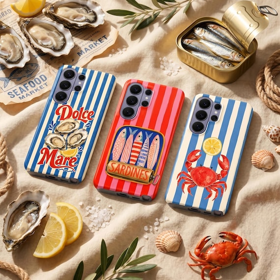 Coastal Sardine Phone Case – Retro Striped Crab & Oyster Cover for Samsung S26 Ultra S25 FE S24 S23 iPhone 17 Pro Max 16 15 Plus Pixel 10 9A