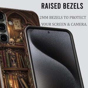 May include: A phone case with a detailed illustration of a bookshelf, skulls, and candles. The case has raised bezels for screen and camera protection. The text on the case reads "RAISED BEZELS" and "2MM BEZELS TO PROTECT YOUR SCREEN & CAMERA."