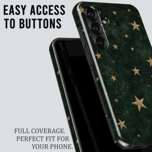 May include: A dark green phone case with a gold star pattern. The text EASY ACCESS TO BUTTONS and FULL COVERAGE. PERFECT FIT FOR YOUR PHONE. is visible. The case features cutouts for a triple camera system and side buttons.