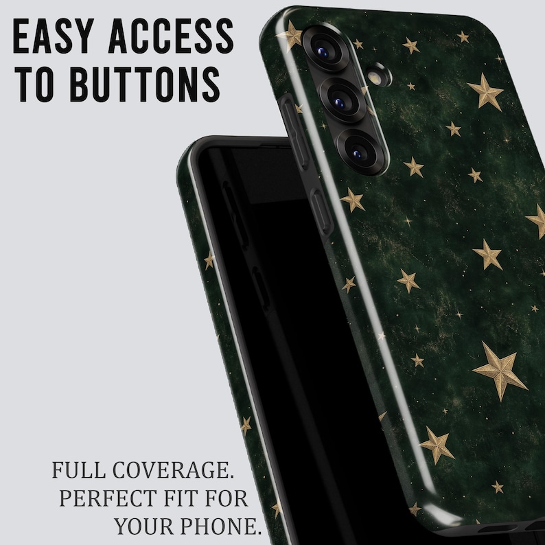May include: A dark green phone case with a gold star pattern. The text EASY ACCESS TO BUTTONS and FULL COVERAGE. PERFECT FIT FOR YOUR PHONE. is visible. The case features cutouts for a triple camera system and side buttons.