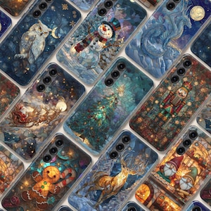 May include: A collection of rectangular smartphone cases featuring various holiday and winter-themed designs in a stained-glass style, including an owl, a snowman, a dragon, Santa in a sleigh, a Christmas tree, a nutcracker, a gingerbread man, and a reindeer.
