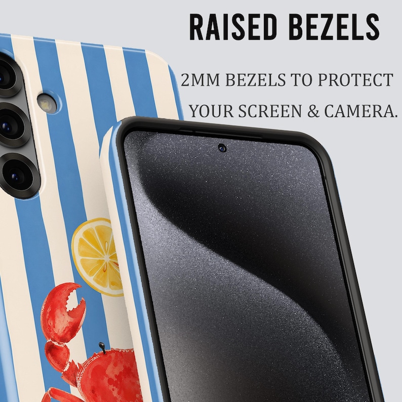 May include: A phone case with a blue and white striped pattern, a lemon slice, and a red crab illustration. The case has raised bezels for screen and camera protection. Text on the image reads: "RAISED BEZELS" and "2MM BEZELS TO PROTECT YOUR SCREEN & CAMERA."