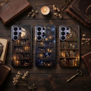 Gothic Bookshelf Phone Case – Dark Academia Bookish Cover for Samsung S26 Ultra S25 FE S24 S23 iPhone 17 Pro Max 16 15 Plus 14 13 Pixel 10 image 1
