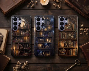 Gothic Bookshelf Phone Case – Dark Academia Bookish Cover for Samsung S26 Ultra S25 FE S24 S23 iPhone 17 Pro Max 16 15 Plus 14 13 Pixel 10