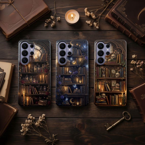 Gothic Bookshelf Phone Case – Dark Academia Bookish Cover for Samsung S26 Ultra S25 FE S24 S23 iPhone 17 Pro Max 16 15 Plus 14 13 Pixel 10
