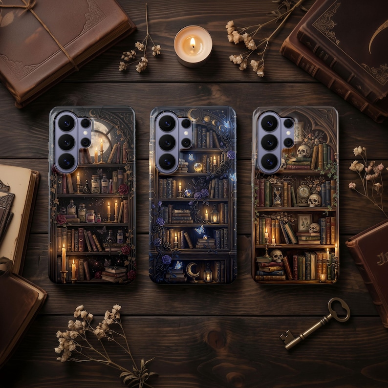 Gothic Bookshelf Phone Case – Dark Academia Bookish Cover for Samsung S26 Ultra S25 FE S24 S23 iPhone 17 Pro Max 16 15 Plus 14 13 Pixel 10 image 1