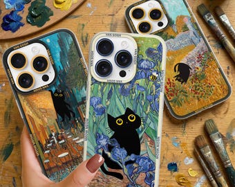 Van Gogh Katze Meme Handyhülle - Lustige Kunst Parodie Abdeckung für iPhone 17 16 15 14 13 12 Pro Max Samsung S25 Ultra S24 FE S23 Plus A56 A55 A16 A15