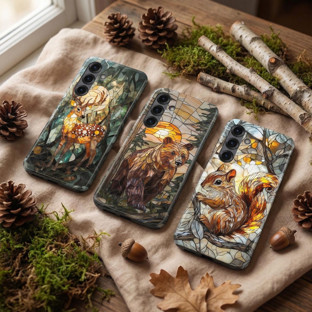 Stained Glass Bear Phone Case – Mosaic Deer & Squirrel Cover for ...