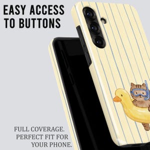 May include: A phone case with a yellow striped pattern and a cartoon cat wearing goggles riding a yellow duck float. The case has the text "EASY ACCESS TO BUTTONS" and "FULL COVERAGE. PERFECT FIT FOR YOUR PHONE."