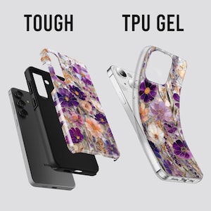 May include: Phone cases with floral designs. One case is black, and the other is clear with a purple, white, and orange floral pattern. The words "TOUGH" and "TPU GEL" are printed at the top of the image.