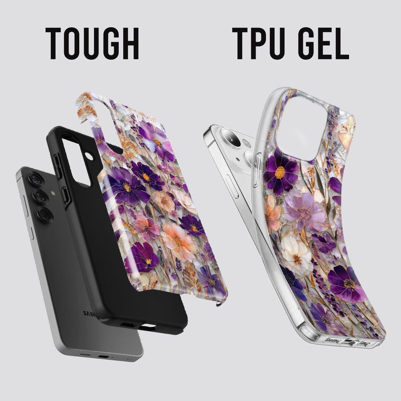 May include: Phone cases with floral designs. One case is black, and the other is clear with a purple, white, and orange floral pattern. The words "TOUGH" and "TPU GEL" are printed at the top of the image.