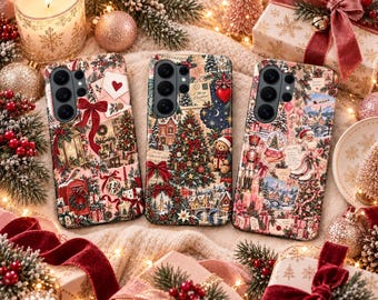 Vintage Christmas Phone Case – Coquette Bow Winter Cover for Samsung S26 Ultra S25 FE S24 S23 iPhone 18 Pro Max 17 16 15 Plus Pixel 11 10A
