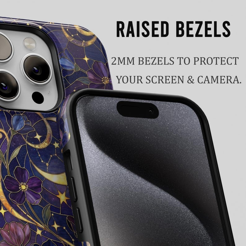 May include: A smartphone case with a celestial design featuring gold accents, purple flowers, and stars on a dark blue background. The text "RAISED BEZELS" and "2MM BEZELS TO PROTECT YOUR SCREEN & CAMERA" is displayed.