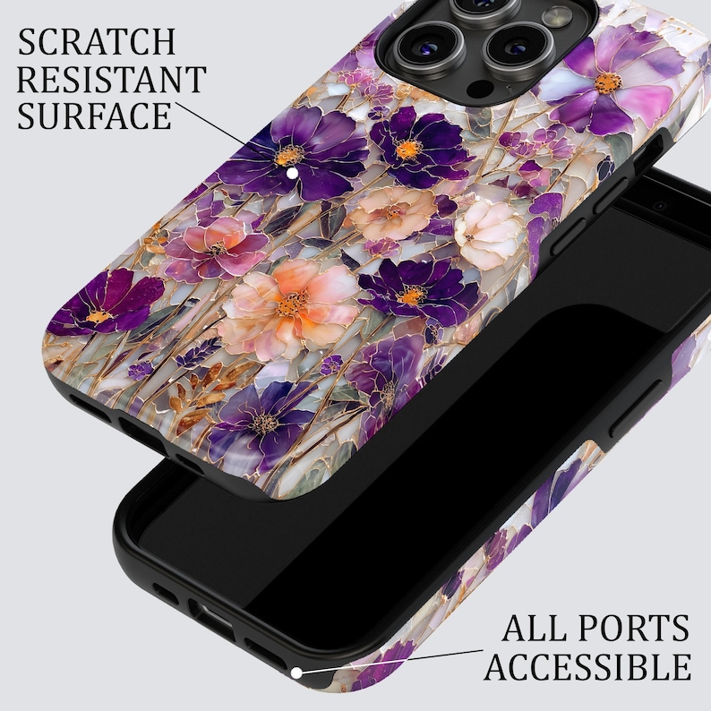 May include: A phone case with a floral design featuring purple, pink, and orange flowers. The case has a scratch-resistant surface and all ports are accessible. The text "SCRATCH RESISTANT SURFACE" and "ALL PORTS ACCESSIBLE" are visible.