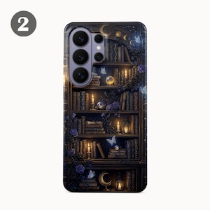 May include: A phone case featuring a detailed illustration of a bookshelf filled with books, candles, and butterflies. The design incorporates dark blues, purples, and gold accents, creating a mystical and enchanting aesthetic. The case has a glossy finish.