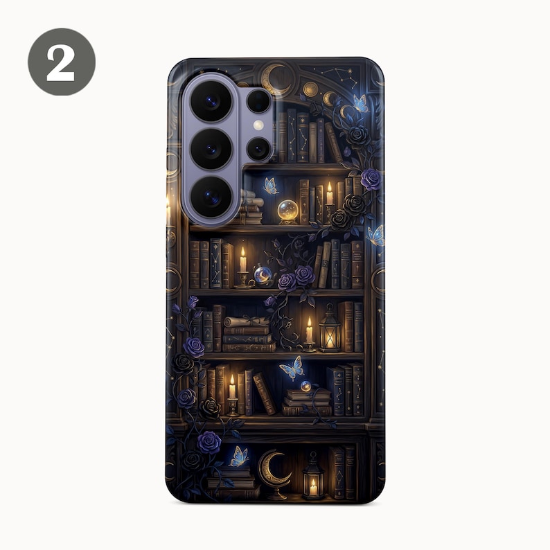 May include: A phone case featuring a detailed illustration of a bookshelf filled with books, candles, and butterflies. The design incorporates dark blues, purples, and gold accents, creating a mystical and enchanting aesthetic. The case has a glossy finish.