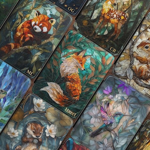 May include: A collection of rectangular art cards featuring detailed illustrations of various animals in a stained-glass style. The cards showcase a red panda, fox, deer, squirrel, and hummingbird, with the word "Hazel" visible on one card.