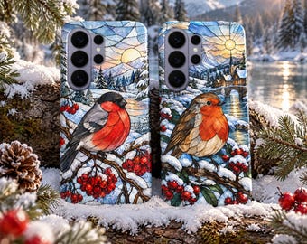 Stained Glass Winter Bird Phone Case – Mosaic Nature Cover for Samsung S26 Ultra S25 FE S24 S23 iPhone 18 Pro Max 17 16 15 Plus Pixel 11 10A