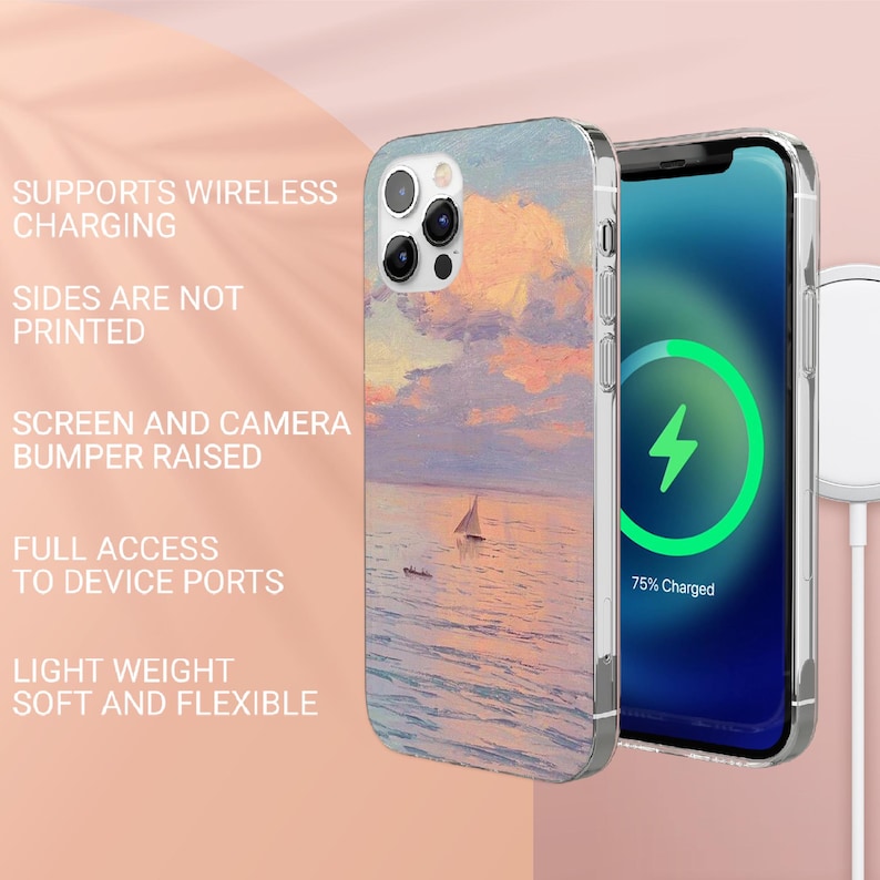 May include: A clear phone case with a colorful sunset and sailboat design. The case is compatible with wireless charging and has raised edges to protect the screen and camera. The text "75% Charged" is visible on the phone screen.