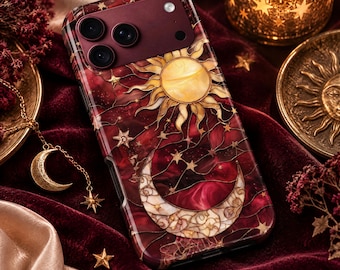 Burgundy Celestial Phone Case – Stained Glass Sun & Moon Cover for iPhone 18 Pro Max 17 16 15 Samsung S26 Ultra S25 FE S24 S23 Pixel 11 10A