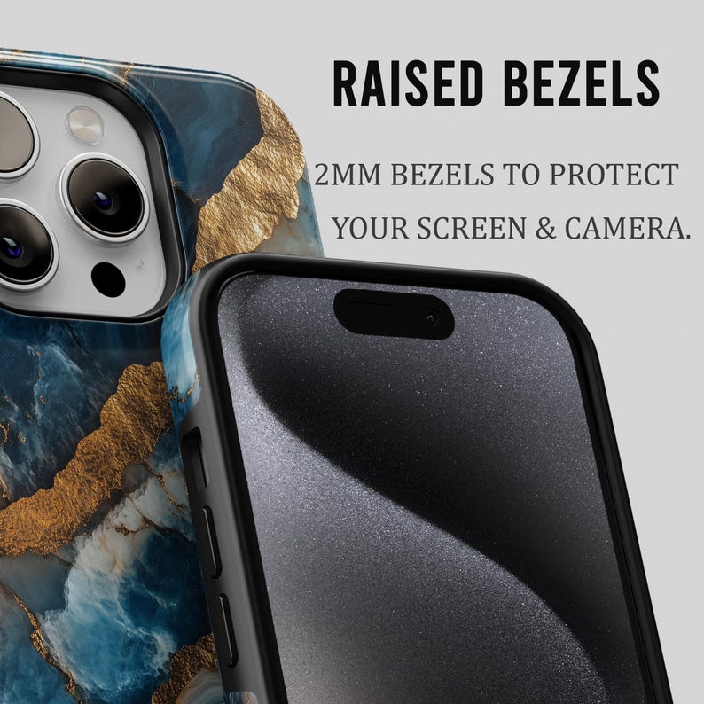 May include: Two phone cases, one with a blue and gold marble pattern and the other with a black, textured surface. Both cases have raised bezels to protect the screen and camera. The text "RAISED BEZELS" and "2MM BEZELS TO PROTECT YOUR SCREEN & CAMERA." is displayed above the cases.